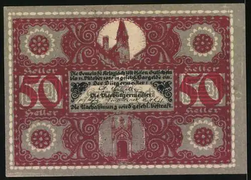 Notgeld Krieglach, 50 Heller, Porträt von Peter Rosegger und traditionelle Figuren, Kirche im Hintergrund