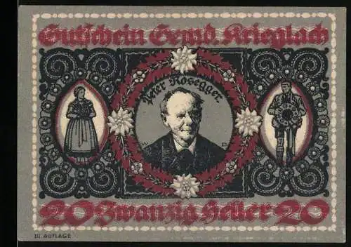 Notgeld Krieglach, 20 Heller, Porträt von Peter Rosegger und lokale Trachtenmotive