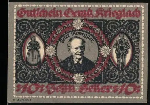 Notgeld Krieglach, 10 Heller, Porträt von Peter Rosegger, ländliche Szenen, 1918