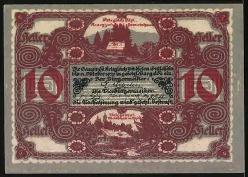 Notgeld Krieglach, 10 Heller, Porträt von Peter Rosegger, ländliche Szenen, 1918