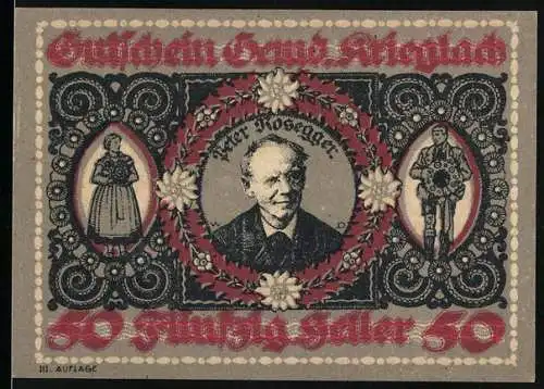 Notgeld Krieglach, 50 Heller, Porträt und lokale Symbole, Blumenornamente