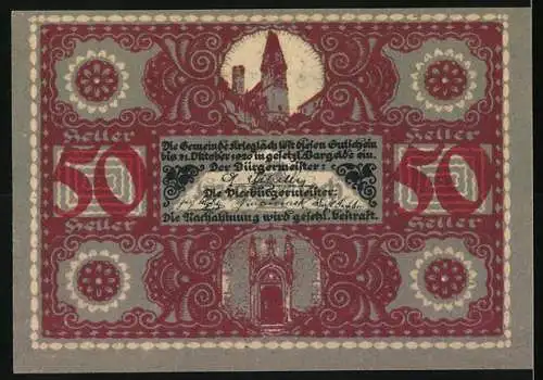 Notgeld Krieglach, 50 Heller, Porträt und lokale Symbole, Blumenornamente