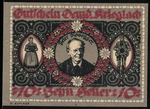 Notgeld Krieglach 1920, 10 Heller, Peter Rosegger Porträt und ländliche Szenen mit Gebäuden