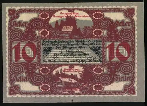 Notgeld Krieglach 1920, 10 Heller, Peter Rosegger Porträt und ländliche Szenen mit Gebäuden