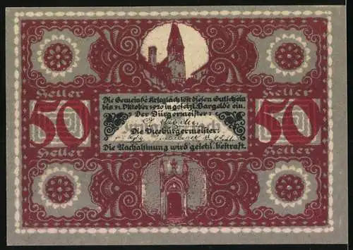 Notgeld Krieglach, 50 Heller, Porträt von Peter Rosegger und dekorative Ornamente