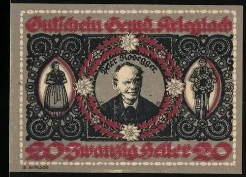 Notgeld Krieglach 1920, 20 Heller, Peter Rosegger Porträt und Denkmal, florale Ornamente