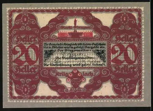 Notgeld Krieglach 1920, 20 Heller, Peter Rosegger Porträt und Denkmal, florale Ornamente