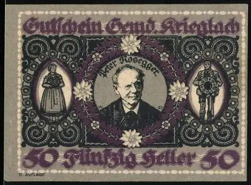 Notgeld Krieglach 1920, 50 Heller, Porträt von Peter Rosegger und dekorative Blumenmuster