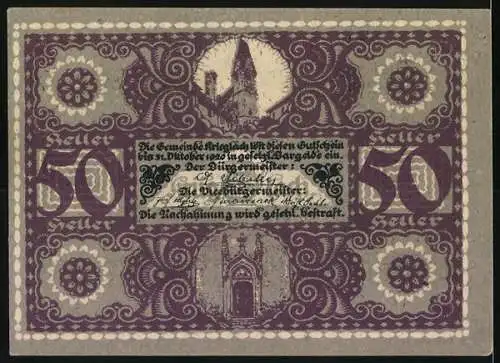 Notgeld Krieglach 1920, 50 Heller, Porträt von Peter Rosegger und dekorative Blumenmuster