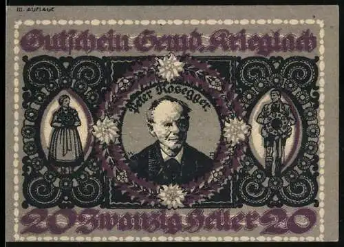 Notgeld Krieglach 1921, 20 Heller, Peter Rosegger Porträt und florale Ornamente