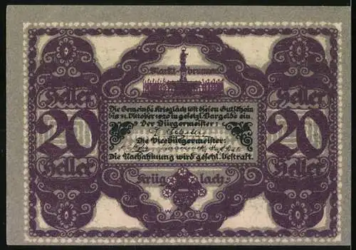 Notgeld Krieglach 1921, 20 Heller, Peter Rosegger Porträt und florale Ornamente