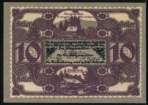 Notgeld Krieglach 1920, 10 Heller, Porträt von Peter Rosegger, ländliche Szenen und Verzierungen