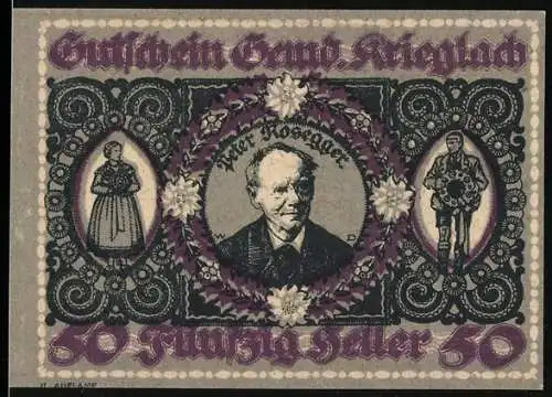 Notgeld Krieglach, 50 Heller, Porträt von Peter Rosegger und dekorative Illustrationen