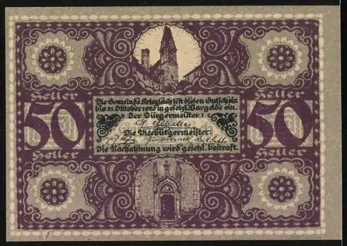 Notgeld Krieglach, 50 Heller, Porträt von Peter Rosegger und dekorative Illustrationen