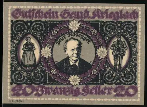 Notgeld Krieglach 1920, 20 Heller, Peter Rosegger Porträt, Stadtansicht Krieglach, violette Verzierung