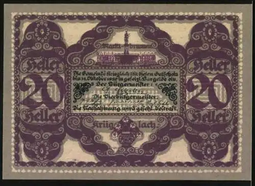 Notgeld Krieglach 1920, 20 Heller, Peter Rosegger Porträt, Stadtansicht Krieglach, violette Verzierung