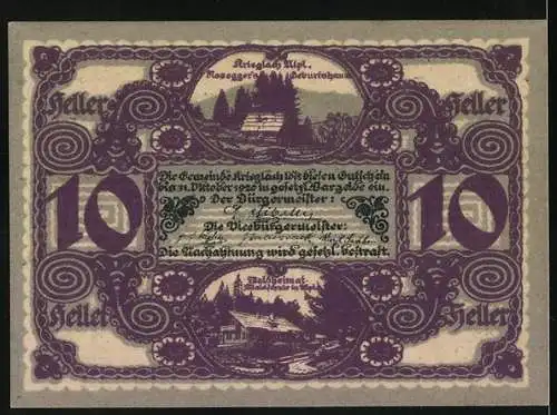 Notgeld Krieglach 1921, 10 Heller, Porträt von Peter Rosegger, ländliche Landschaftsbilder