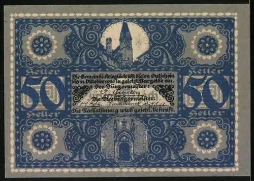 Notgeld Krieglach, 50 Heller, Peter Rosegger Porträt & Kirche, florale Motive