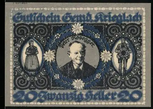 Notgeld Krieglach 1920, 20 Heller, Porträt von Peter Rosegger und traditionelle Figuren