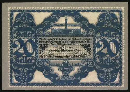 Notgeld Krieglach 1920, 20 Heller, Porträt von Peter Rosegger und traditionelle Figuren