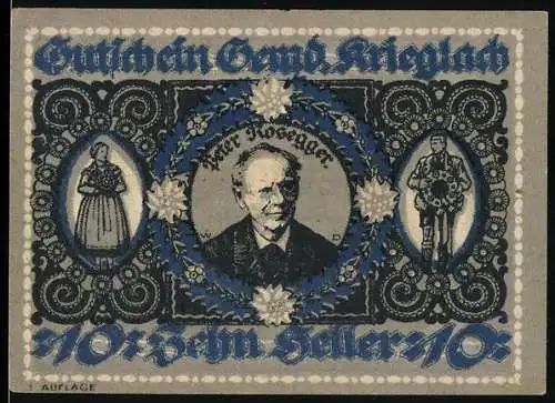 Notgeld Krieglach 1920, 10 Heller, Peter Rosegger Porträt und Landschaftsmotive