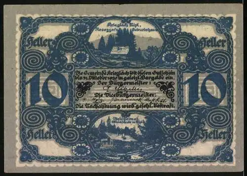 Notgeld Krieglach 1920, 10 Heller, Peter Rosegger Porträt und Landschaftsmotive