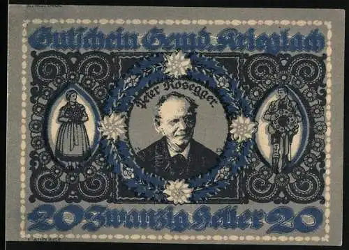 Notgeld Krieglach, 20 Heller, Porträt von Peter Rosegger mit Blumenornamenten und Gemeindeansicht