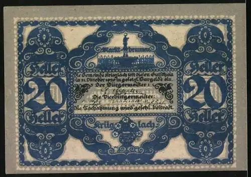 Notgeld Krieglach, 20 Heller, Porträt von Peter Rosegger mit Blumenornamenten und Gemeindeansicht