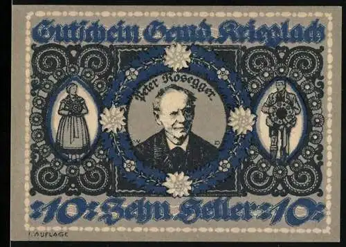 Notgeld Krieglach, 10 Heller, Porträt von Peter Rosegger, ländliche Szenen und florales Design