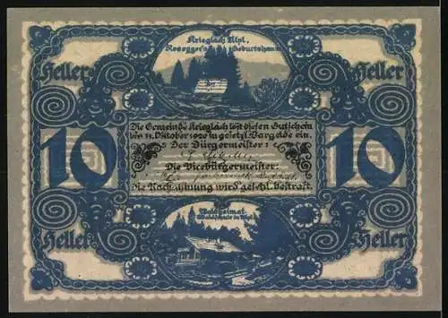 Notgeld Krieglach, 10 Heller, Porträt von Peter Rosegger, ländliche Szenen und florales Design