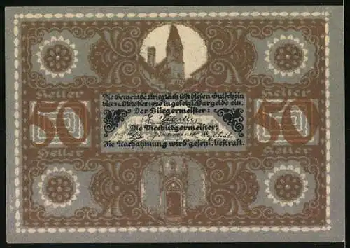 Notgeld Krieglach, 50 Heller, Porträt von Peter Rosegger, traditionelle Trachten und Turmmotiv