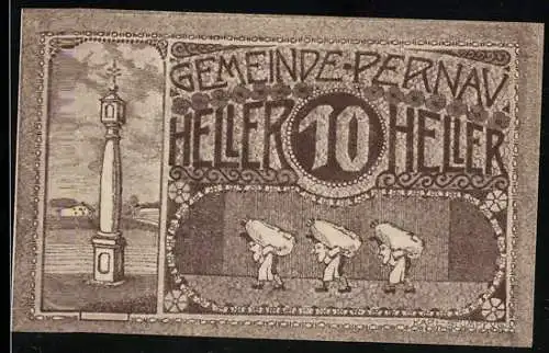 Notgeld Pernau 1920, 10 Heller, Säule und Männer mit Getreidesäcken