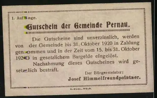 Notgeld Pernau 1920, 10 Heller, Säule und Männer mit Getreidesäcken