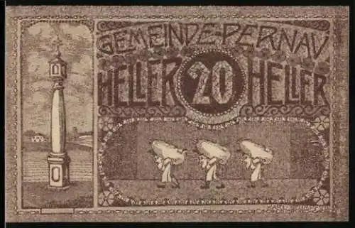 Notgeld Pernau 1920, 20 Heller, Säule und Lastenträger-Motiv