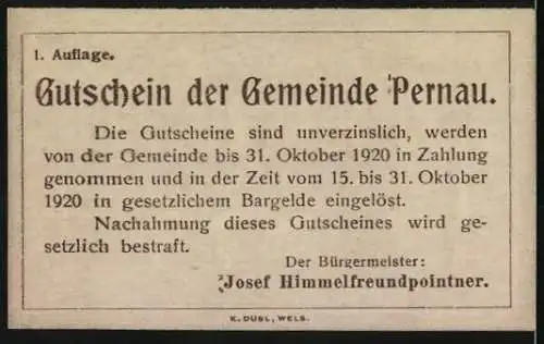 Notgeld Pernau 1920, 20 Heller, Säule und Lastenträger-Motiv