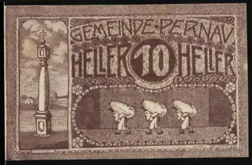 Notgeld Pernau 1920, 10 Heller, Säule und Männer mit Säcken