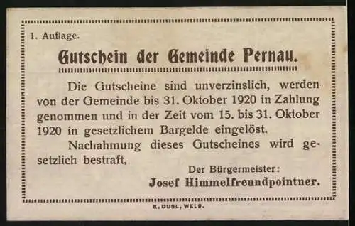 Notgeld Pernau 1920, 10 Heller, Säule und Männer mit Säcken