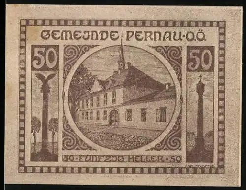 Notgeld Pernau 1920, 50 Heller, Gebäude mit Säulen und Adler, Gutscheintext auf Rückseite