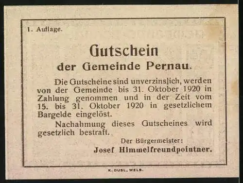 Notgeld Pernau 1920, 50 Heller, Gebäude mit Säulen und Adler, Gutscheintext auf Rückseite