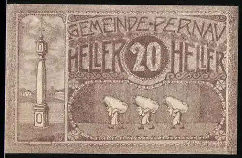 Notgeld Pernau 1920, 20 Heller, drei Männer mit Lasten und Säule