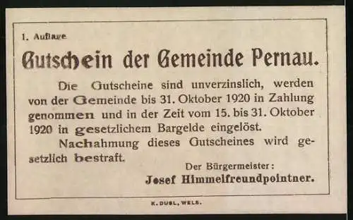 Notgeld Pernau 1920, 20 Heller, drei Männer mit Lasten und Säule