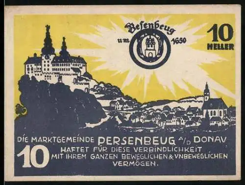 Notgeld Persenbeug 1920, 10 Heller, Stadtansicht und Wappen, Sonnenstrahlen und dekorative Ornamente