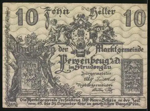 Notgeld Persenbeug 1920, 10 Heller, Stadtansicht und Wappen, Sonnenstrahlen und dekorative Ornamente