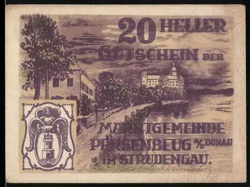 Notgeld Persenbeug 1920, 20 Heller, Schlossansicht mit Wappen und Ornamenten