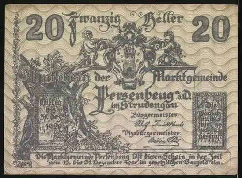 Notgeld Persenbeug 1920, 20 Heller, Schlossansicht mit Wappen und Ornamenten