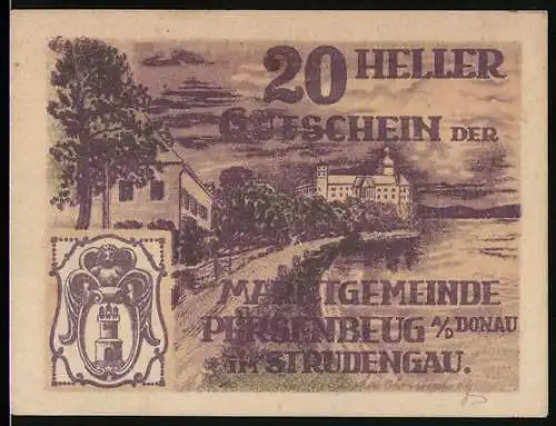 Notgeld Persenbeug 1920, 20 Heller, Schloss an der Donau, Wappen und kunstvolles Design