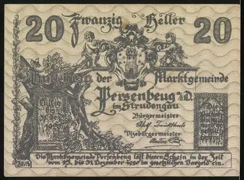 Notgeld Persenbeug 1920, 20 Heller, Schloss an der Donau, Wappen und kunstvolles Design