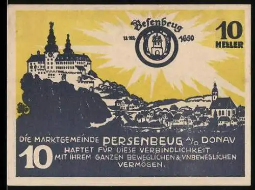 Notgeld Persenbeug 1920, 10 Heller, Burgruine und Stadtansicht, Wappen, Seriennummer 24VA