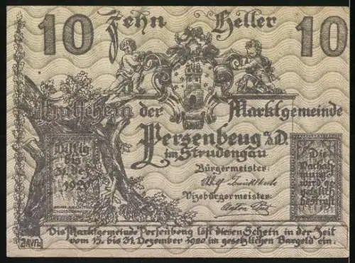 Notgeld Persenbeug 1920, 10 Heller, Burgruine und Stadtansicht, Wappen, Seriennummer 24VA