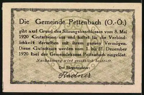 Notgeld Pettenbach 1920, 50 Heller, Landschaft mit Bergen und Dorfansicht